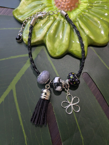 11 colors - Leather bracelets with large hole beads, tassel and charm