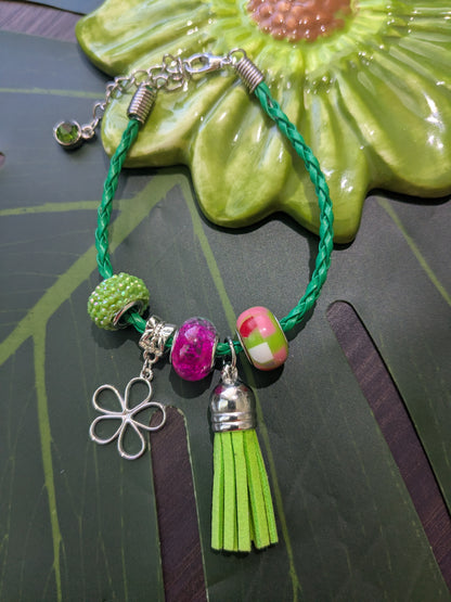 11 colors - Leather bracelets with large hole beads, tassel and charm