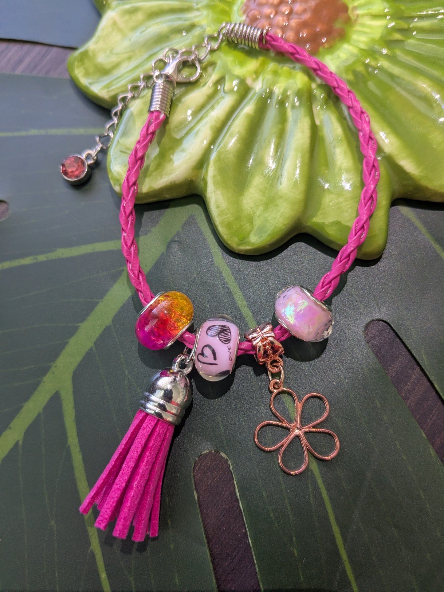 11 colors - Leather bracelets with large hole beads, tassel and charm
