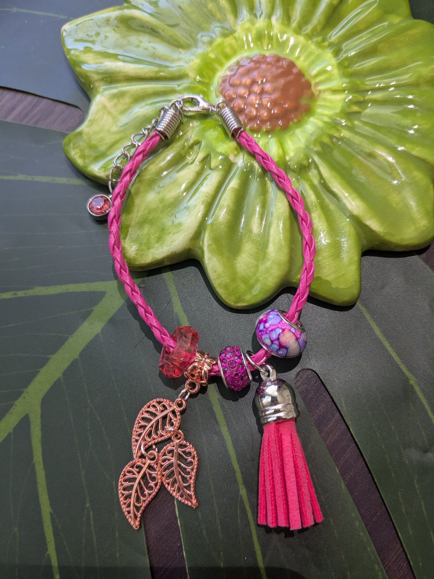 11 colors - Leather bracelets with large hole beads, tassel and charm