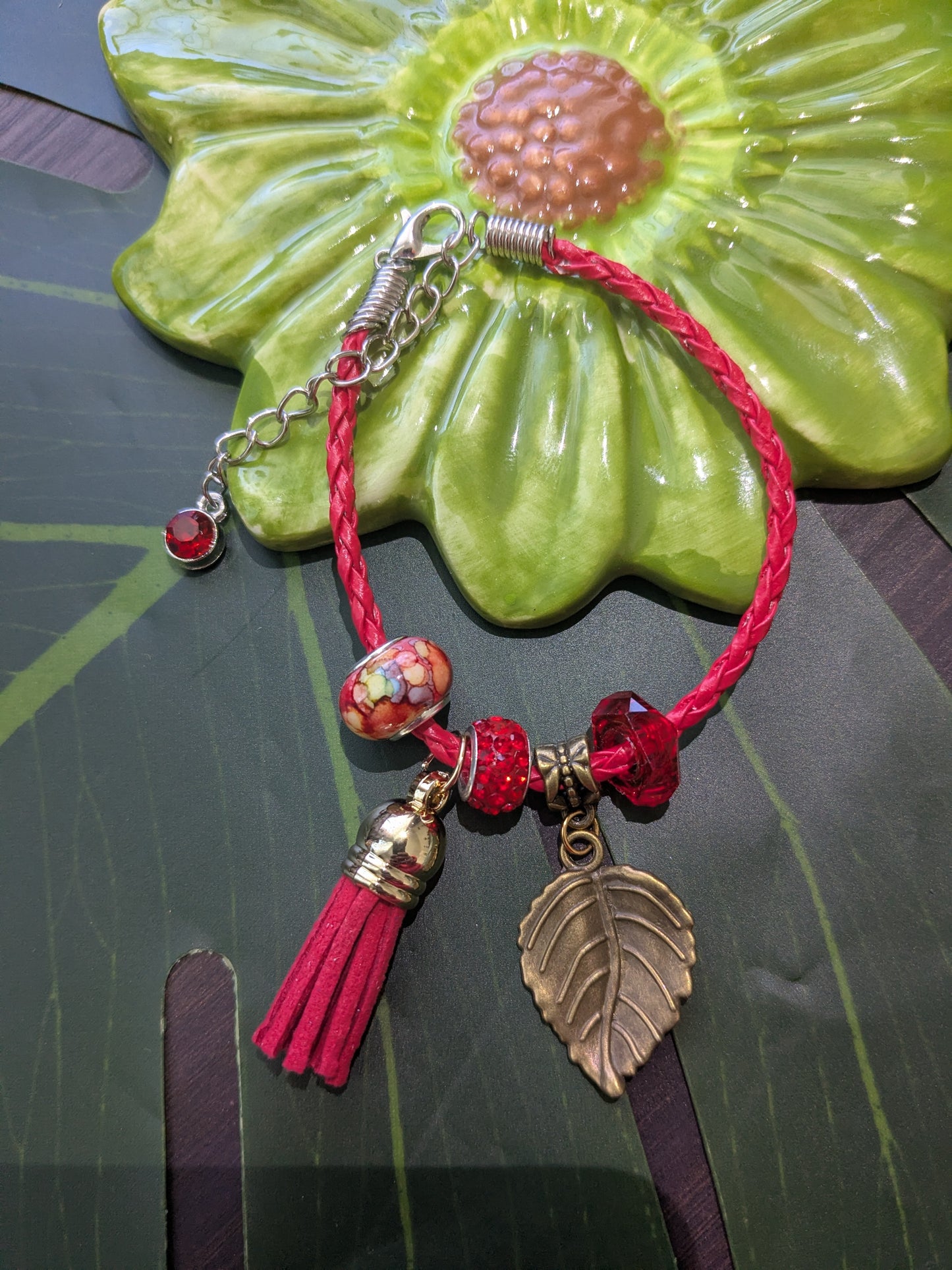11 colors - Leather bracelets with large hole beads, tassel and charm