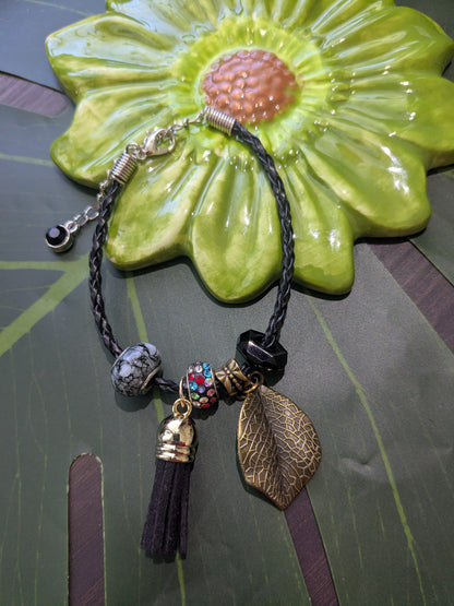 11 colors - Leather bracelets with large hole beads, tassel and charm