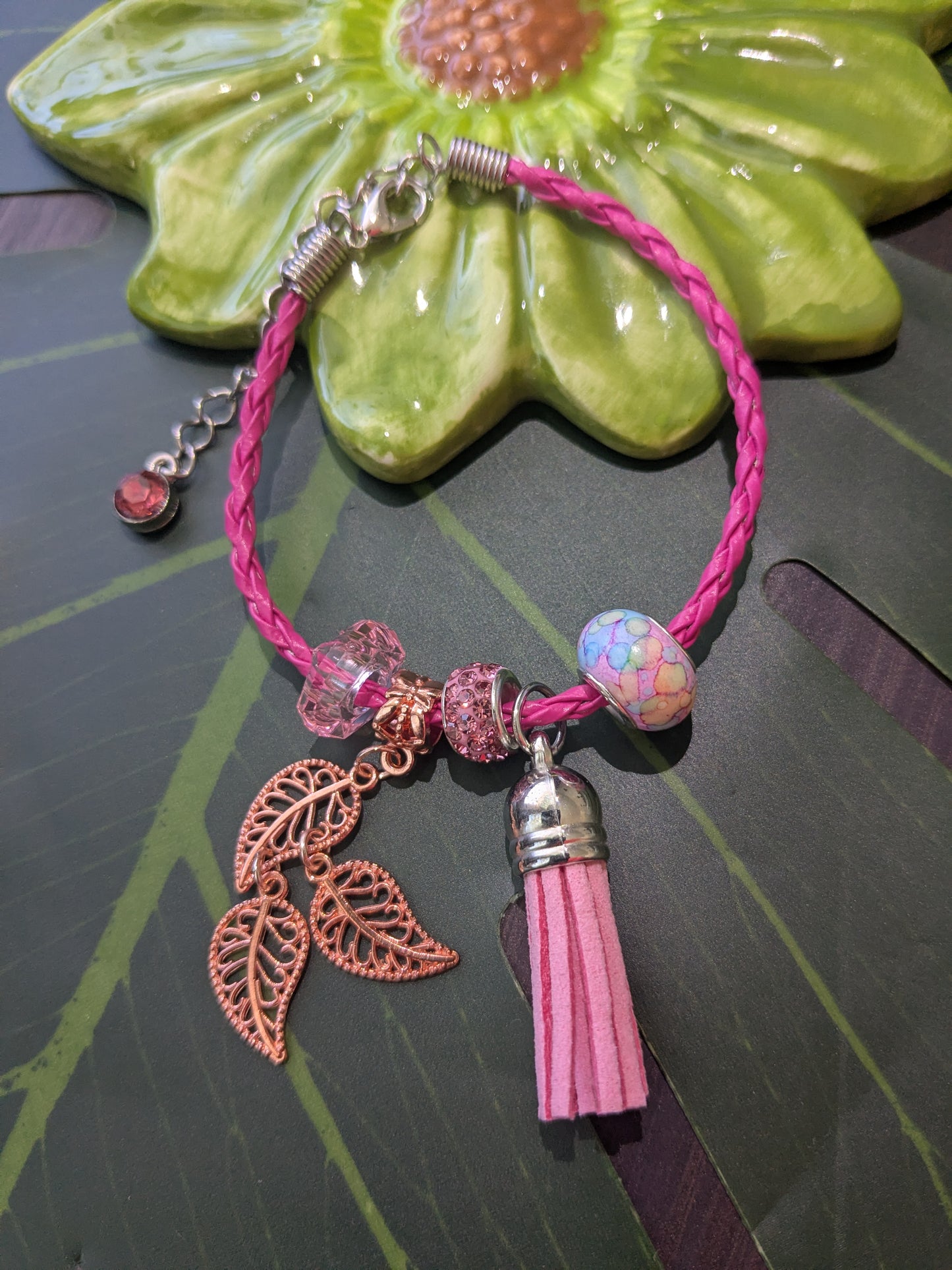11 colors - Leather bracelets with large hole beads, tassel and charm