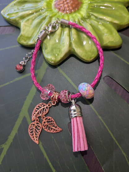 11 colors - Leather bracelets with large hole beads, tassel and charm