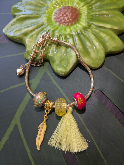 9 colors - Snake chain bracelets with large hole beads, tassel and charm