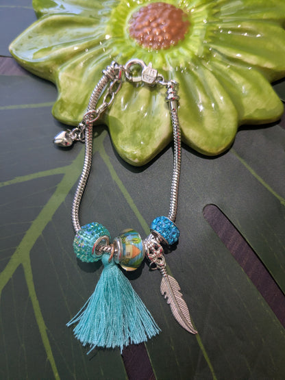 9 colors - Snake chain bracelets with large hole beads, tassel and charm