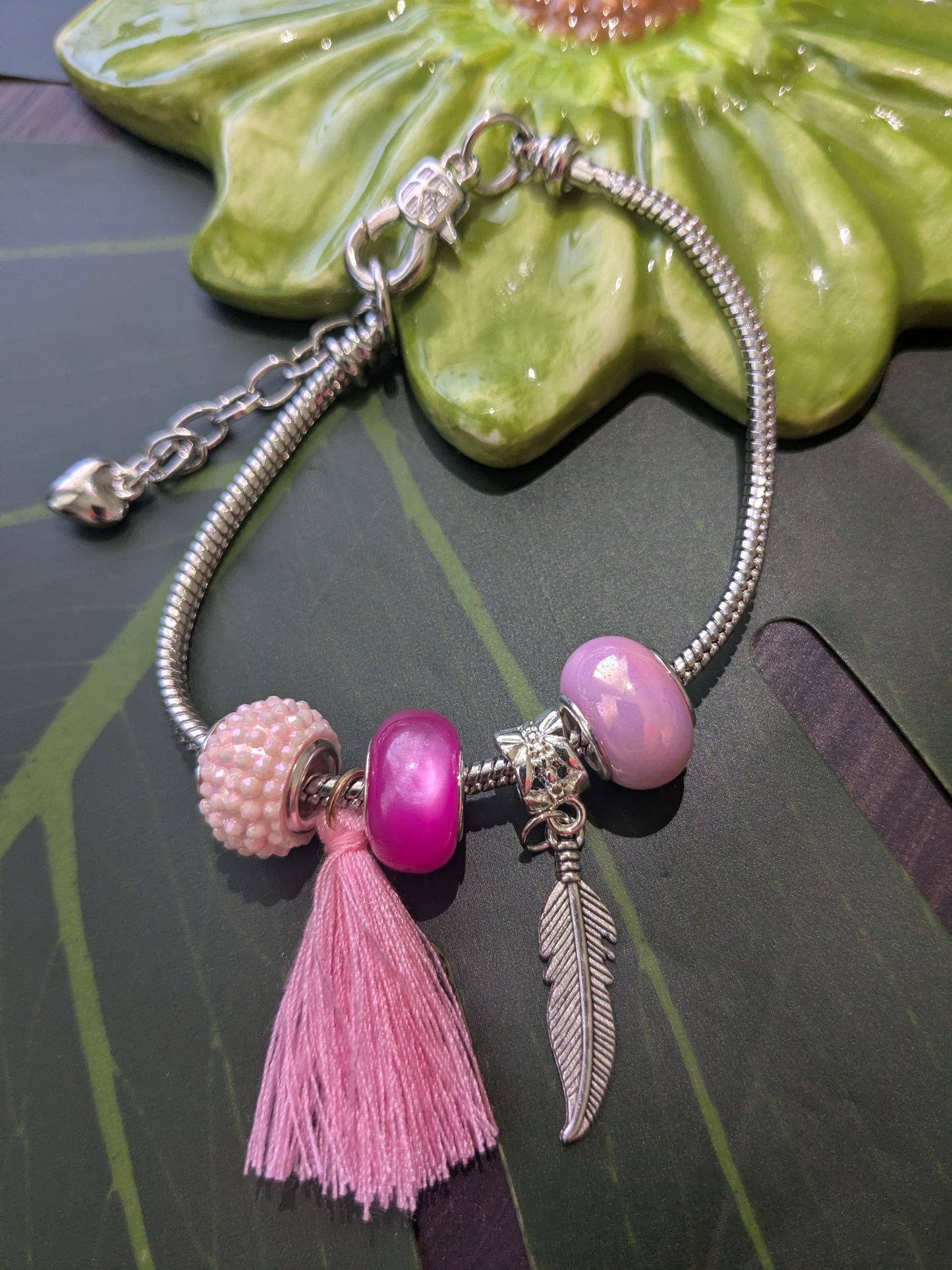 9 colors - Snake chain bracelets with large hole beads, tassel and charm