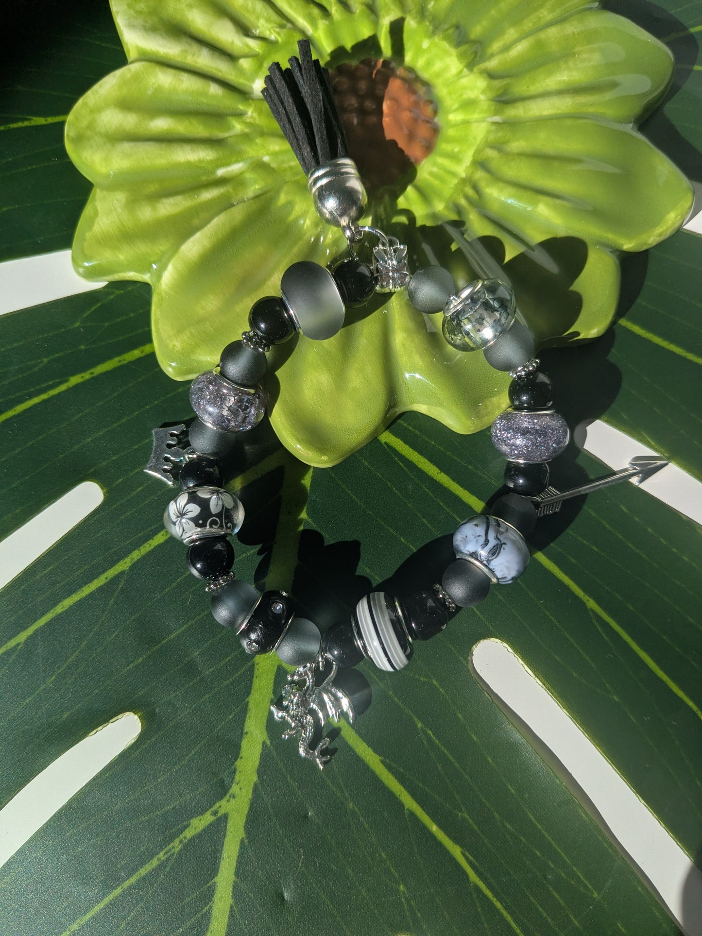 11 colors - Beaded bracelet with large beads, tassel and charms