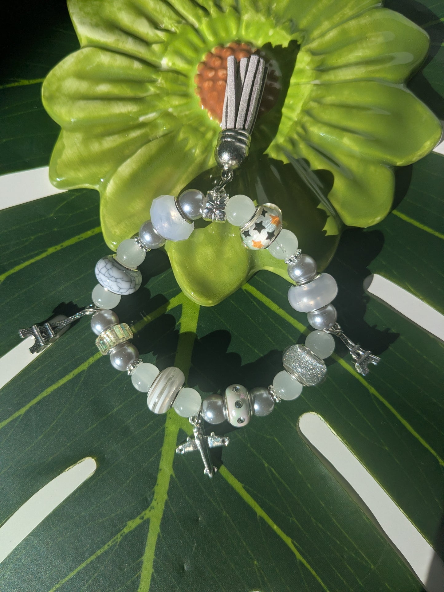 11 colors - Beaded bracelet with large beads, tassel and charms