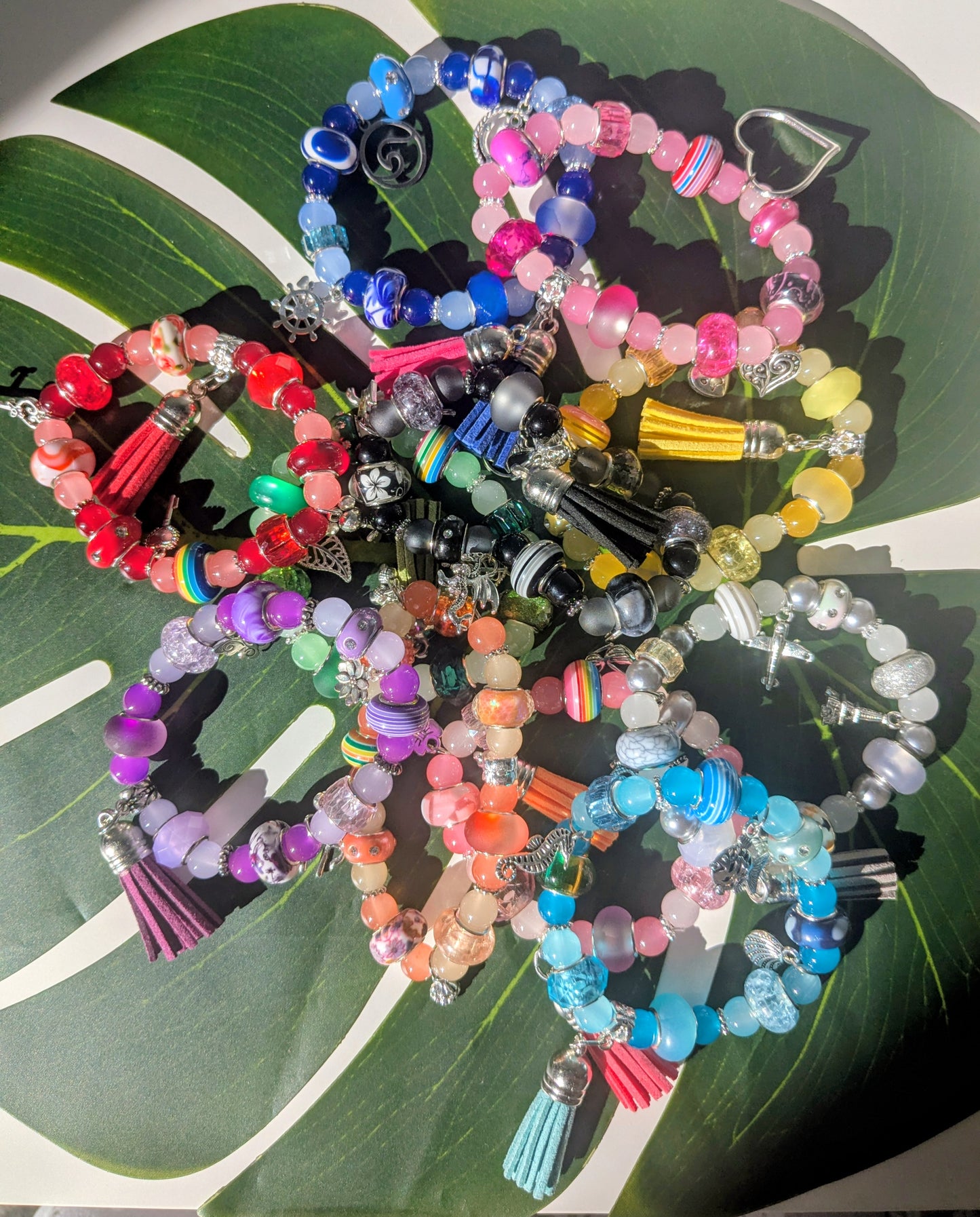 11 colors - Beaded bracelet with large beads, tassel and charms