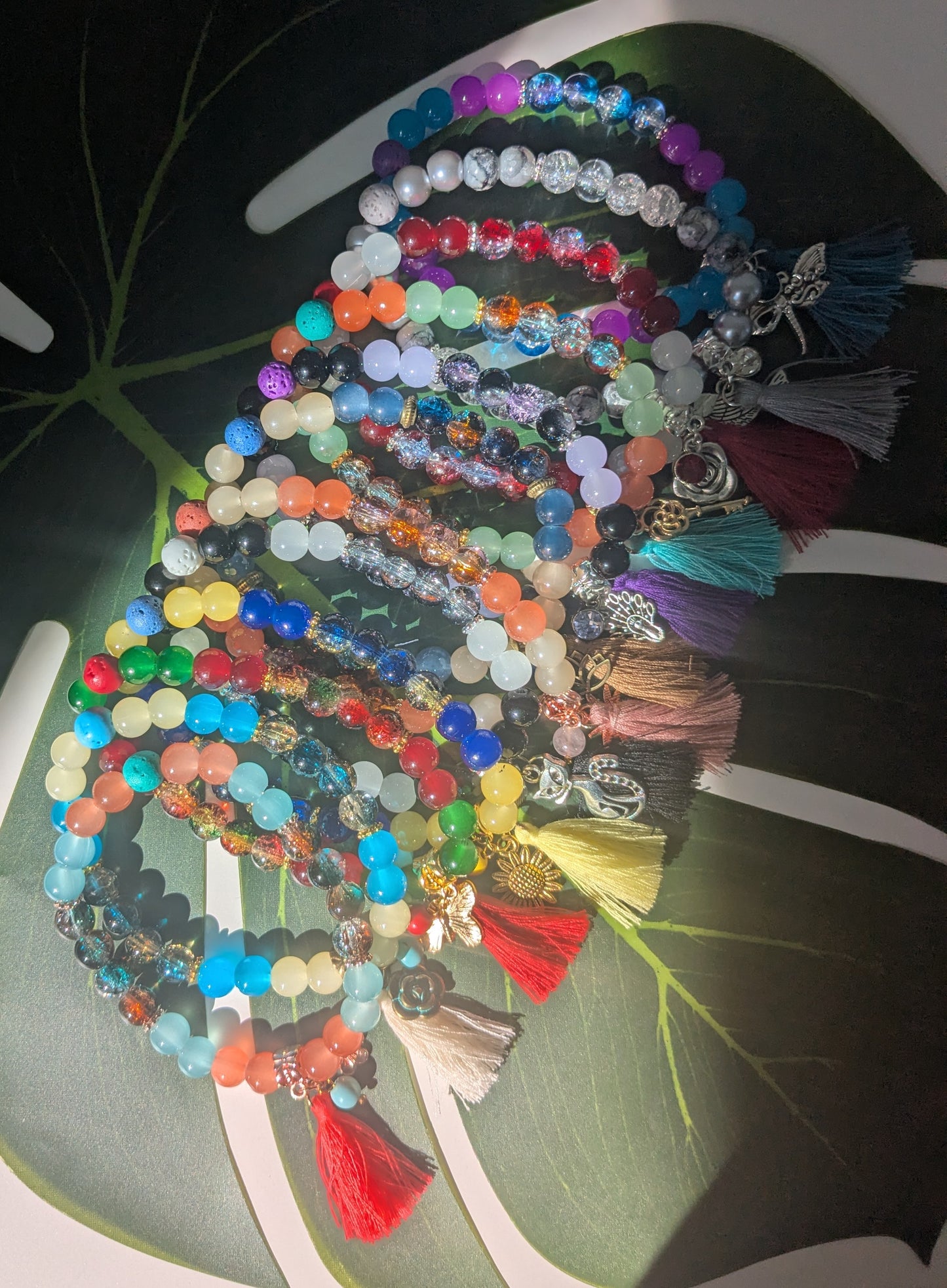 12 colors - Beaded bracelet with tassel, birth and lava stone