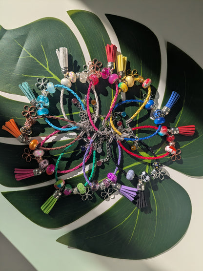 11 colors - Leather bracelets with large hole beads, tassel and charm