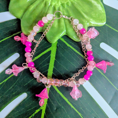 5 colors - 2 layered beaded and chain bracelet with flowers