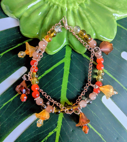 5 colors - 2 layered beaded and chain bracelet with flowers