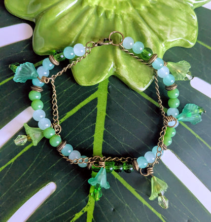 5 colors - 2 layered beaded and chain bracelet with flowers