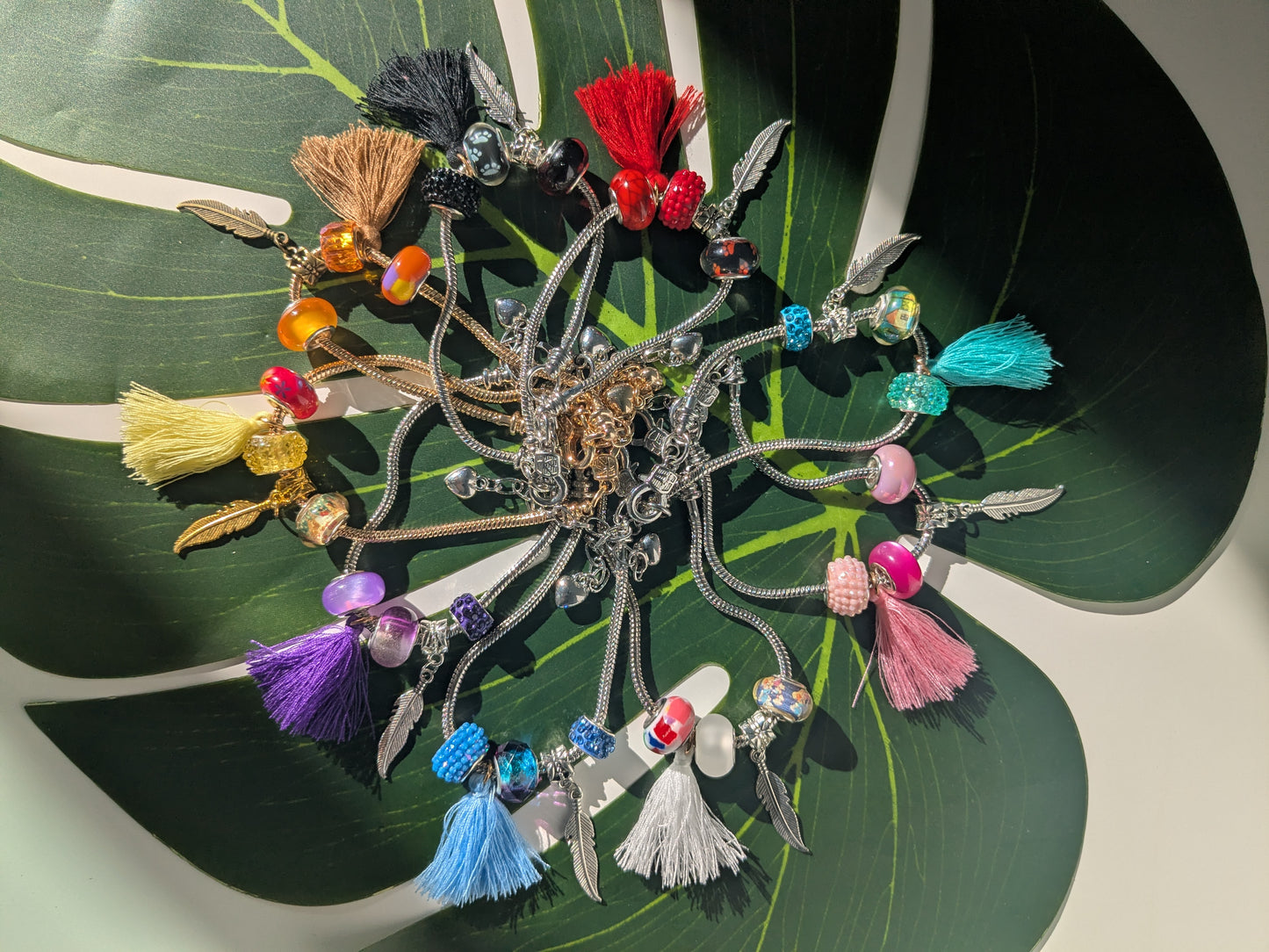 9 colors - Snake chain bracelets with large hole beads, tassel and charm