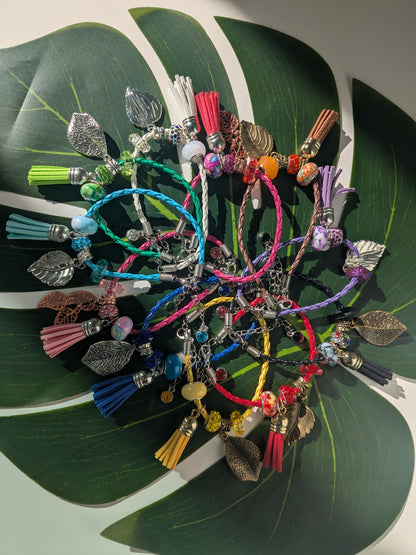11 colors - Leather bracelets with large hole beads, tassel and charm