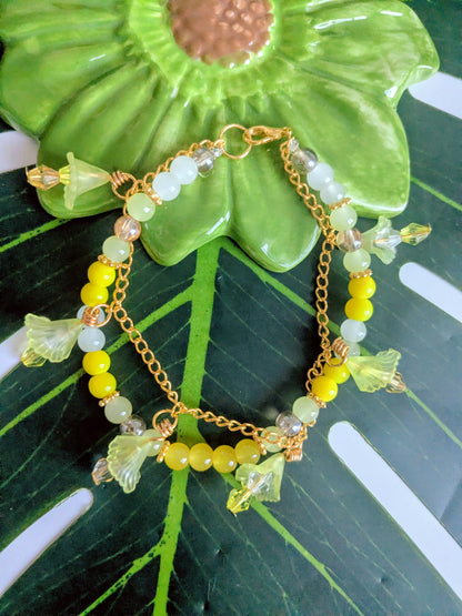 5 colors - 2 layered beaded and chain bracelet with flowers