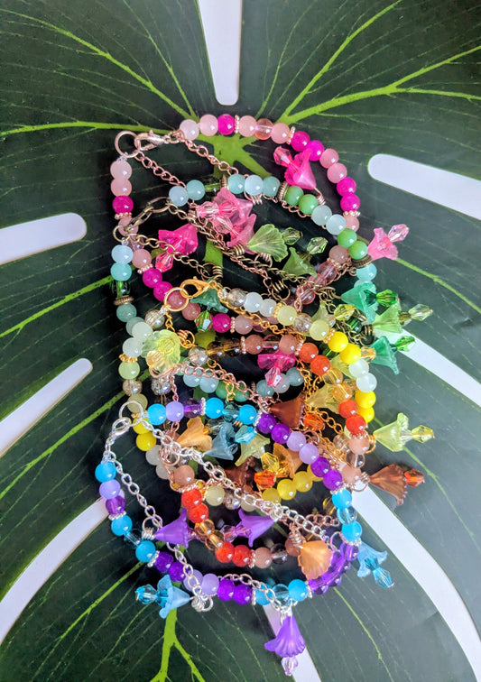 5 colors - 2 layered beaded and chain bracelet with flowers